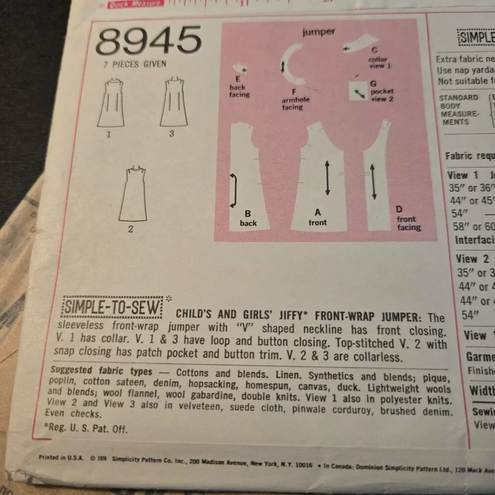 Simplicity 8945 sewing pattern girls front wrap jumper dress size 4 70s UNCUT